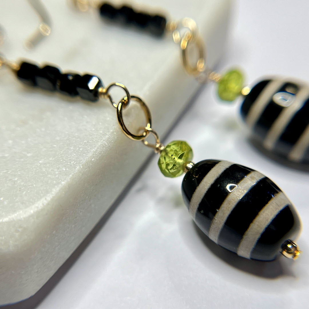 Stacked Black Spinel, Peridot and Striped Agate Earrings, 14K Gold Fill