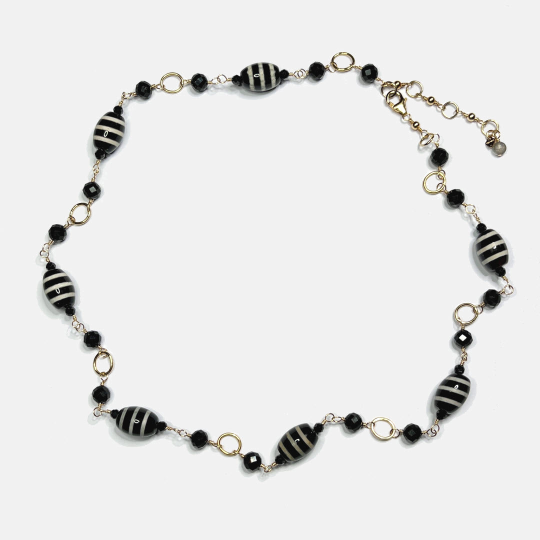 "Dzi" Agate, Black Tourmaline and Black Spinel Link Necklace, 14K Gold Fill