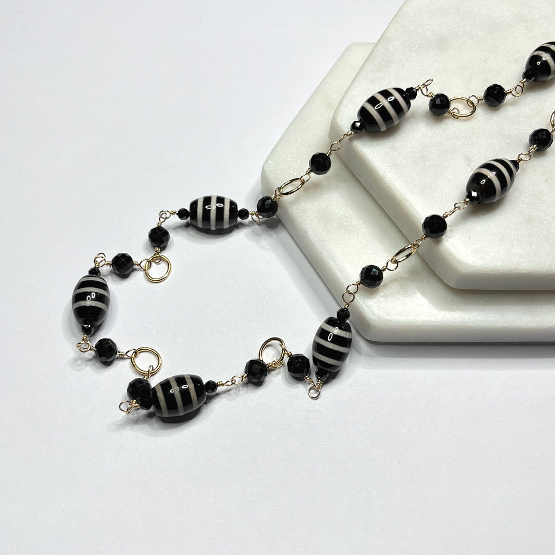 "Dzi" Agate, Black Tourmaline and Black Spinel Link Necklace, 14K Gold Fill