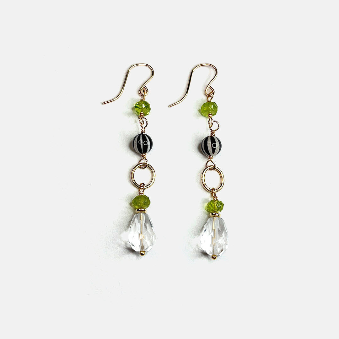 Peridot, Clear Quartz and Striped Agate Long Link Earrings, 14K Gold Fill