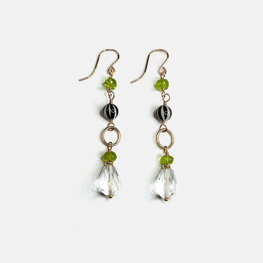 Peridot, Clear Quartz and Striped Agate Long Link Earrings, 14K Gold Fill