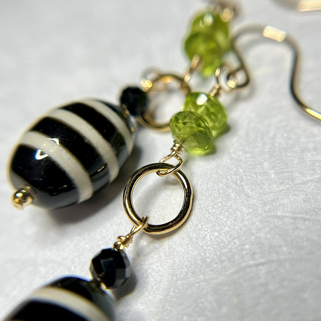 Peridot, Black Spinel and Striped Agate Link Earrings, 14K Gold Fill