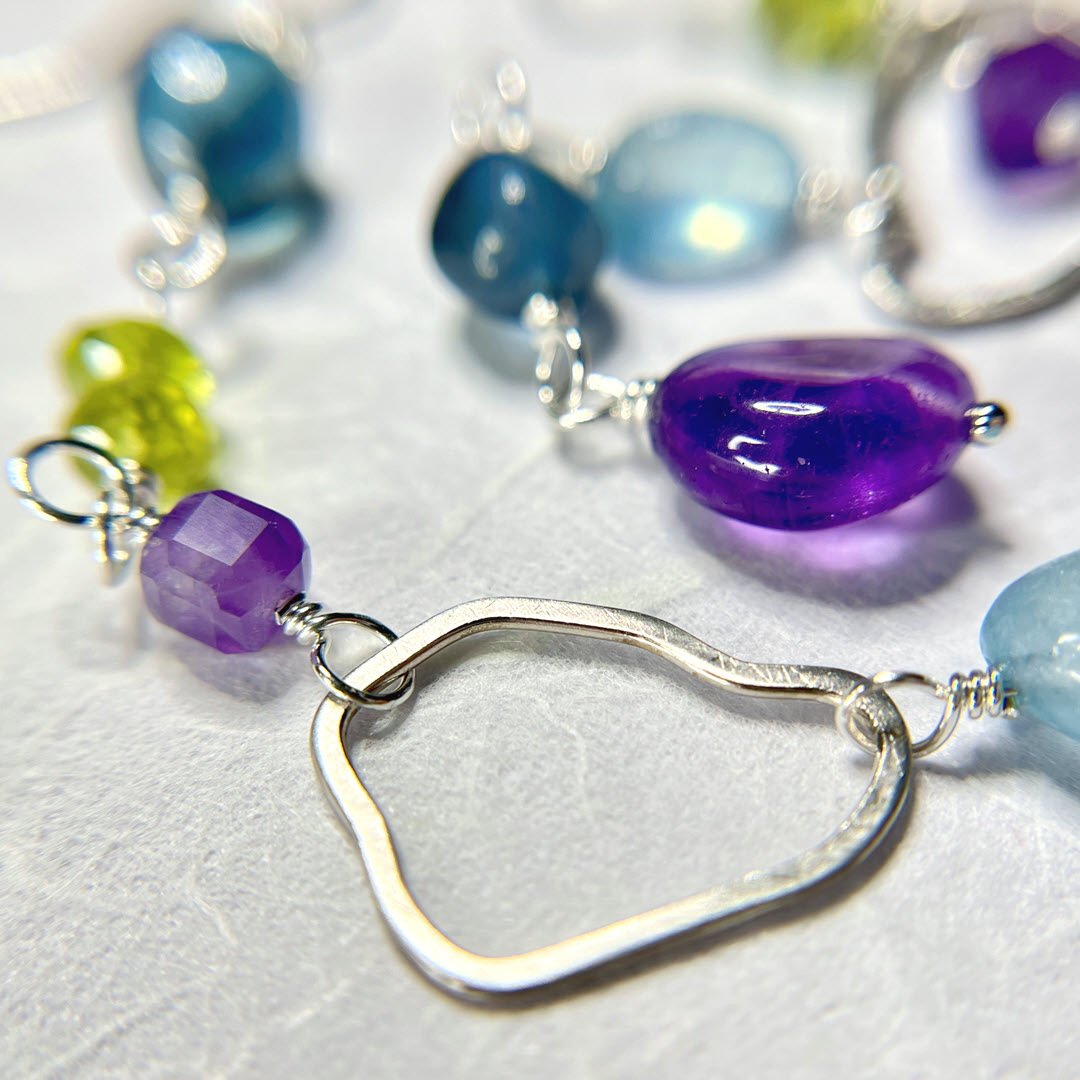 Peridot, Amethyst and Aquamarine Mismatched Long Party Dangle Earrings, Sterling
