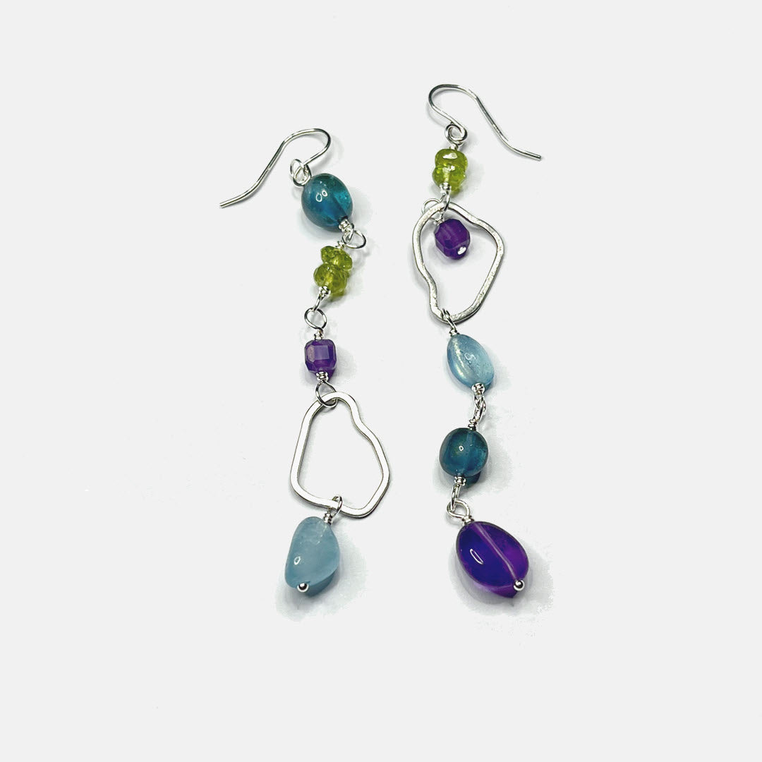Peridot, Amethyst and Aquamarine Mismatched Long Party Dangle Earrings, Sterling