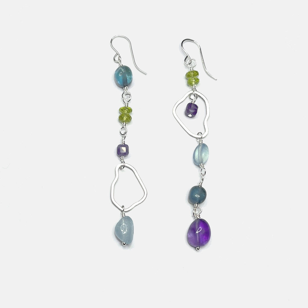 Peridot, Amethyst and Aquamarine Mismatched Long Party Dangle Earrings, Sterling