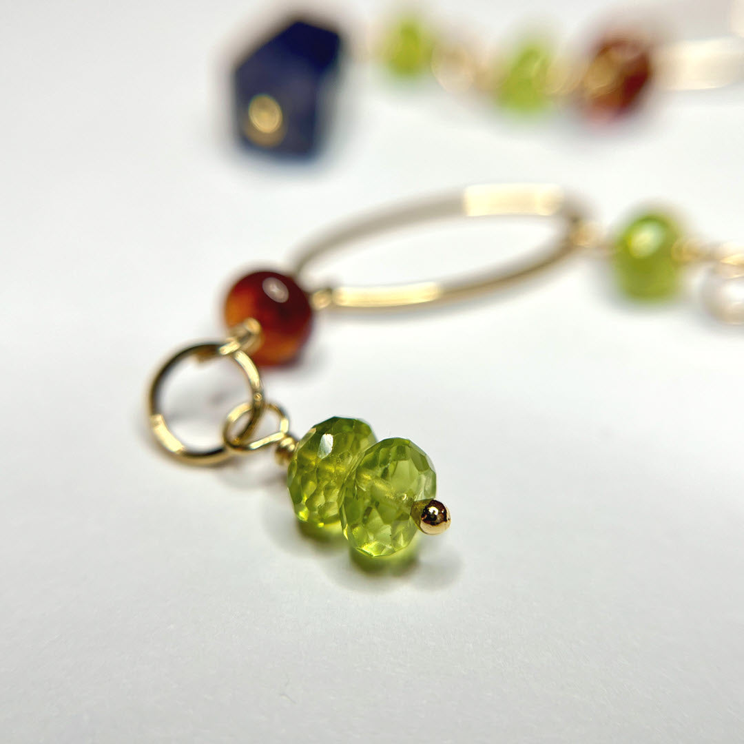 Peridot, Hessonite and Iolite Mismatched Long Party Dangle Earrings, 14K Gold Fill