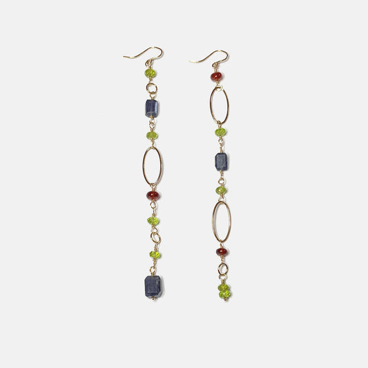 Peridot, Hessonite and Iolite Mismatched Long Party Dangle Earrings, 14K Gold Fill