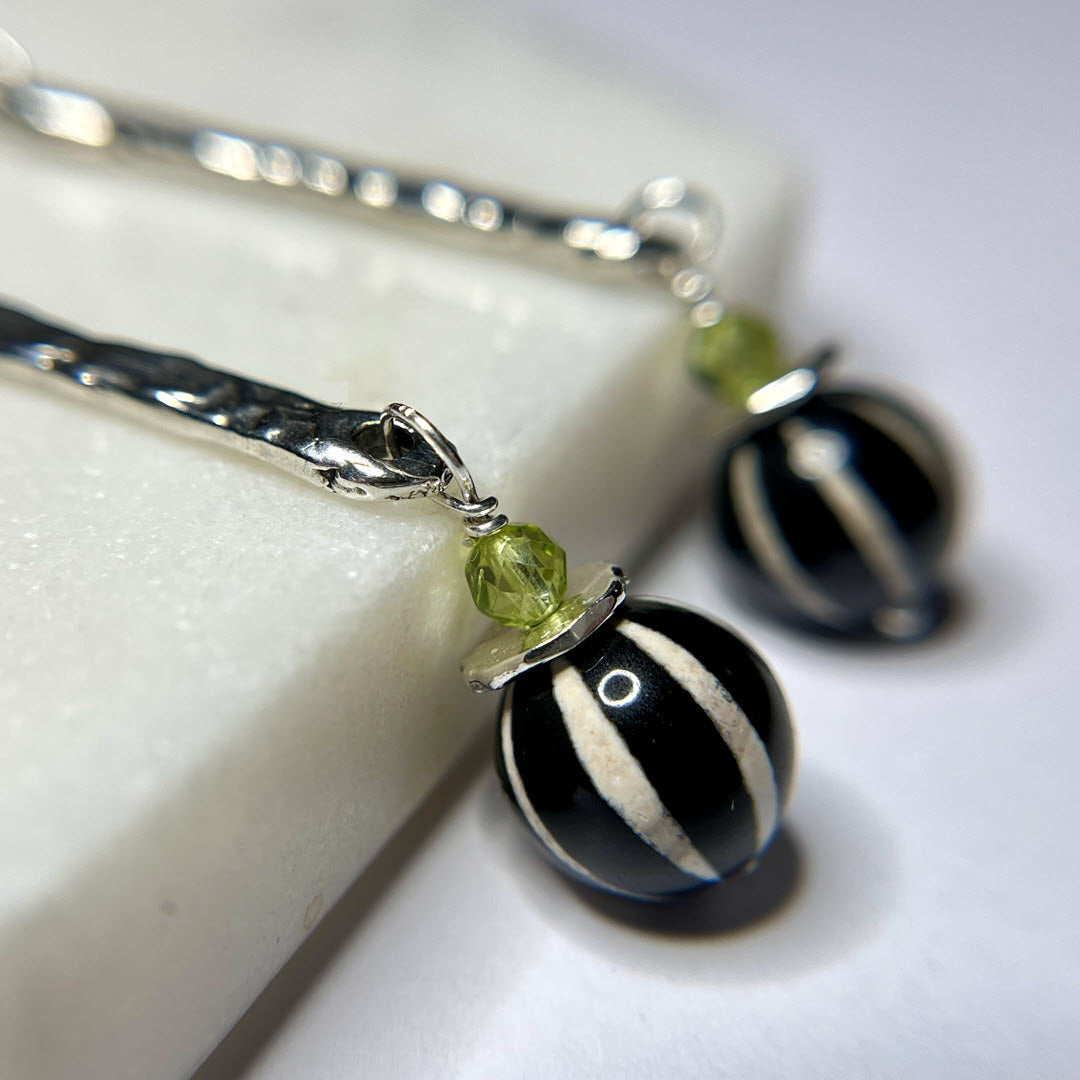 Peridot and Striped Agate Long Dangle Earrings, Sterling