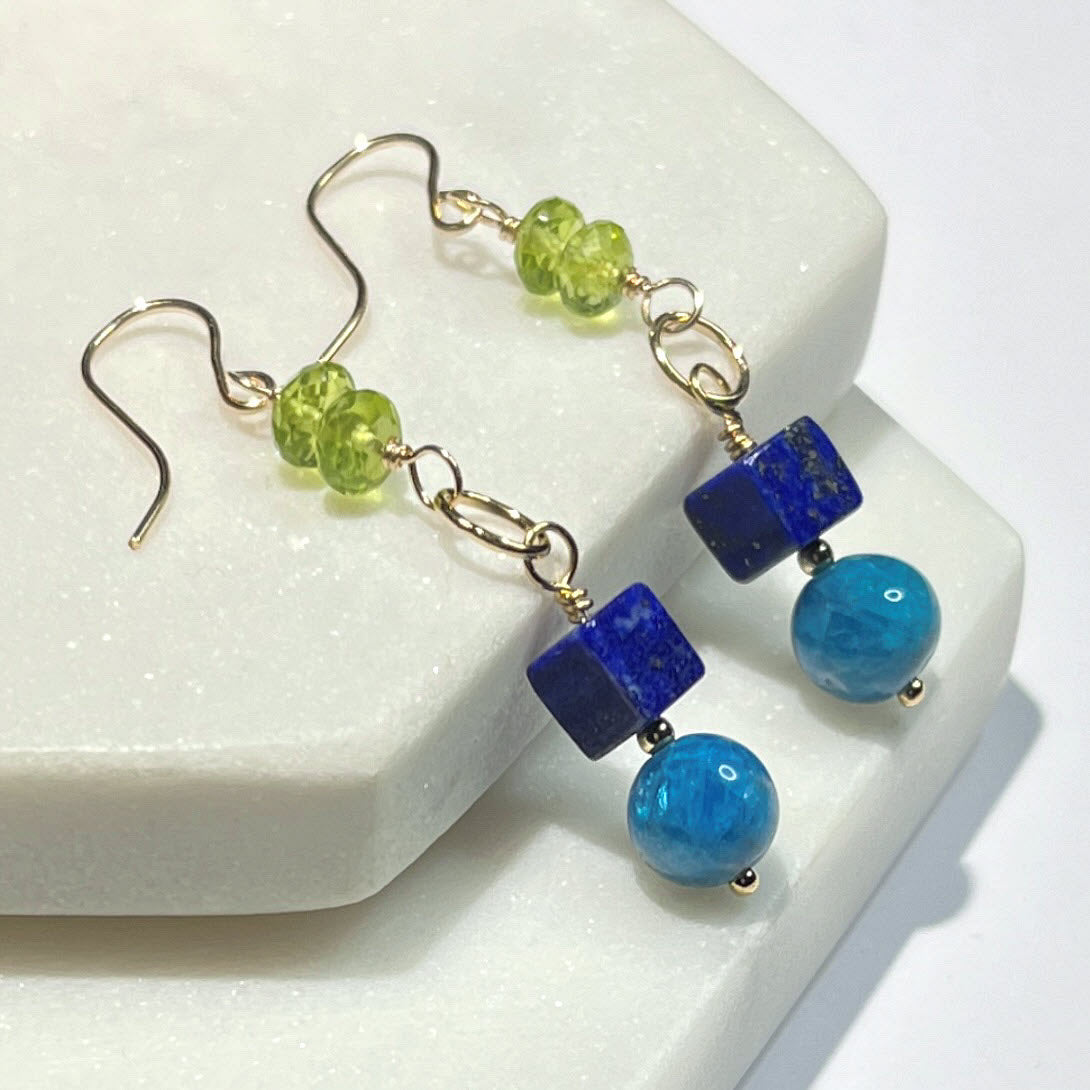 Peridot, Lapis and Neon Apatite Dangle Earrings, 14K Gold Fill