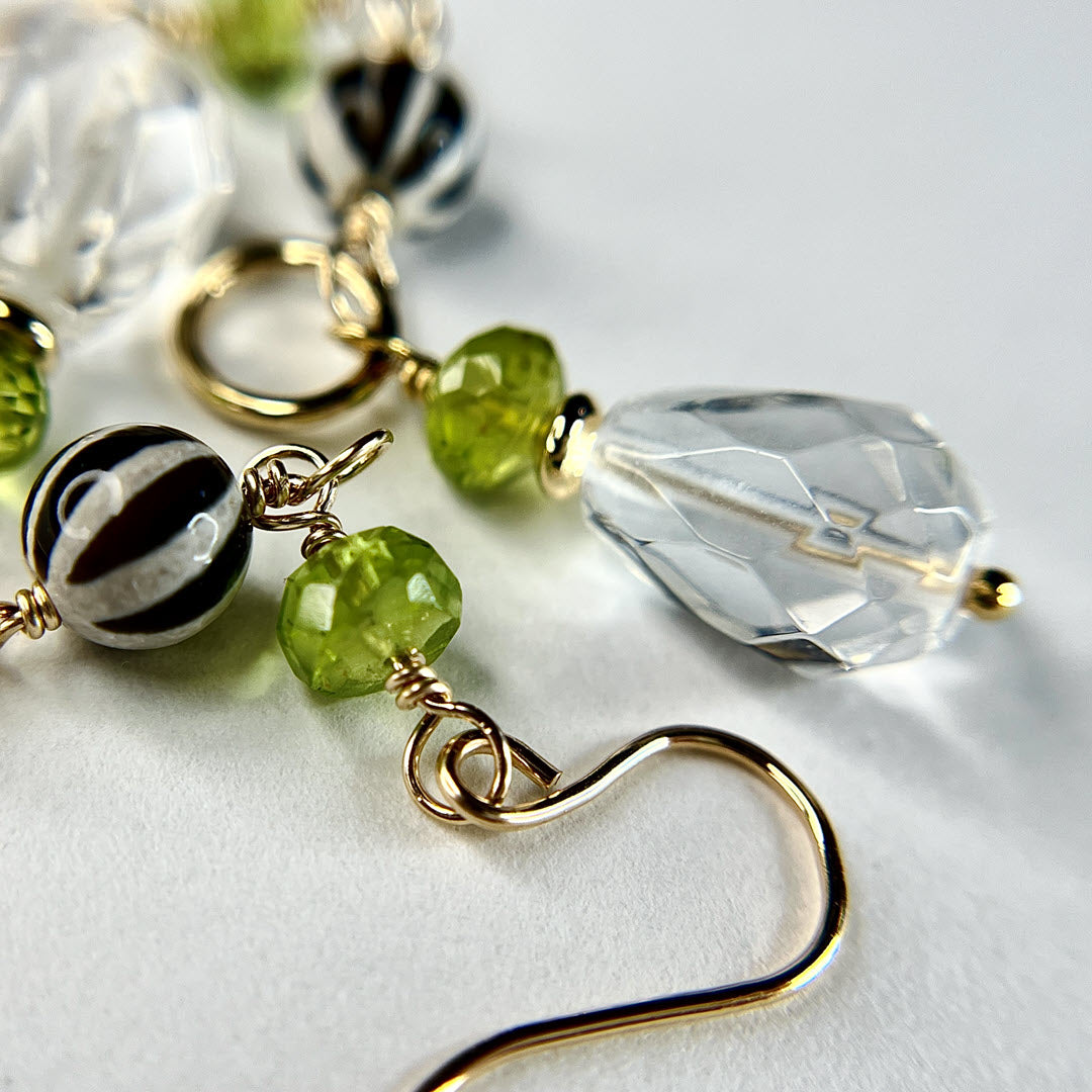Peridot, Clear Quartz and Striped Agate Long Link Earrings, 14K Gold Fill