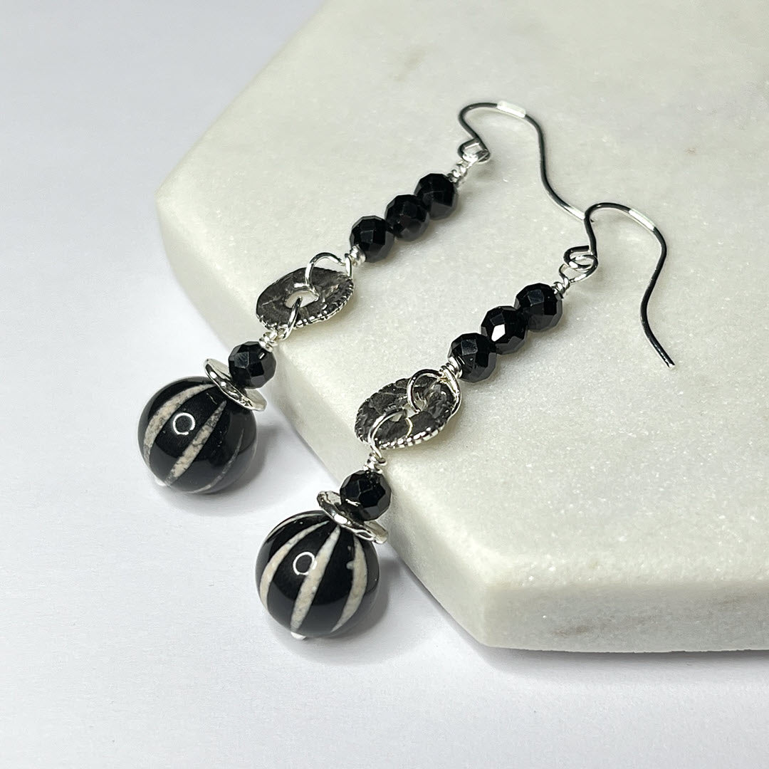 Black Spinel and Striped Agate Dangle Earrings, Sterling