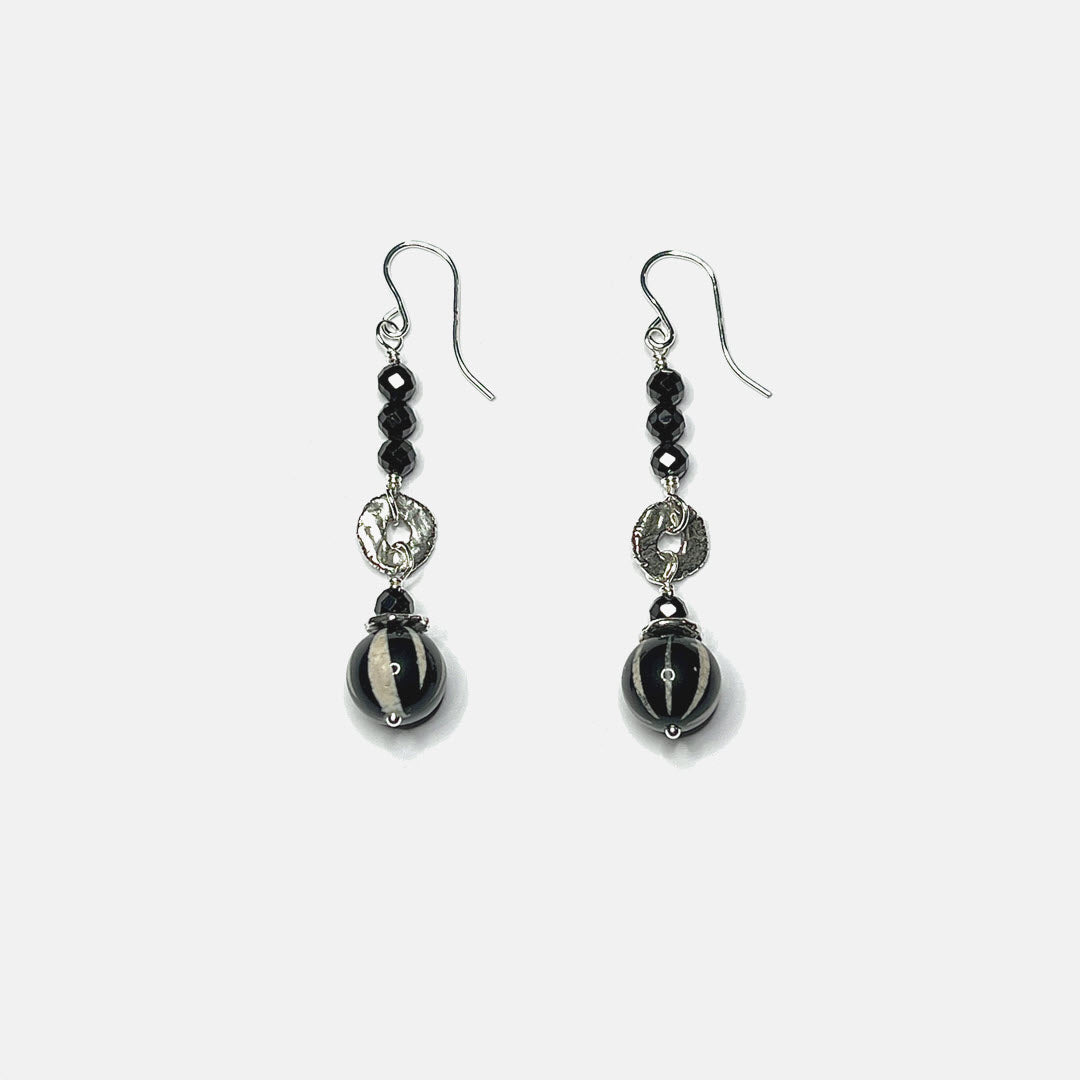 Black Spinel and Striped Agate Dangle Earrings, Sterling