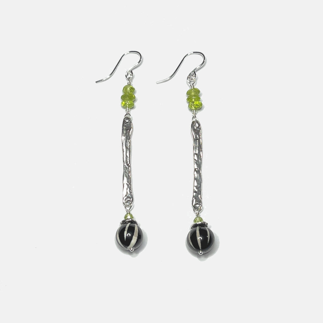 Peridot and Striped Agate Long Dangle Earrings, Sterling