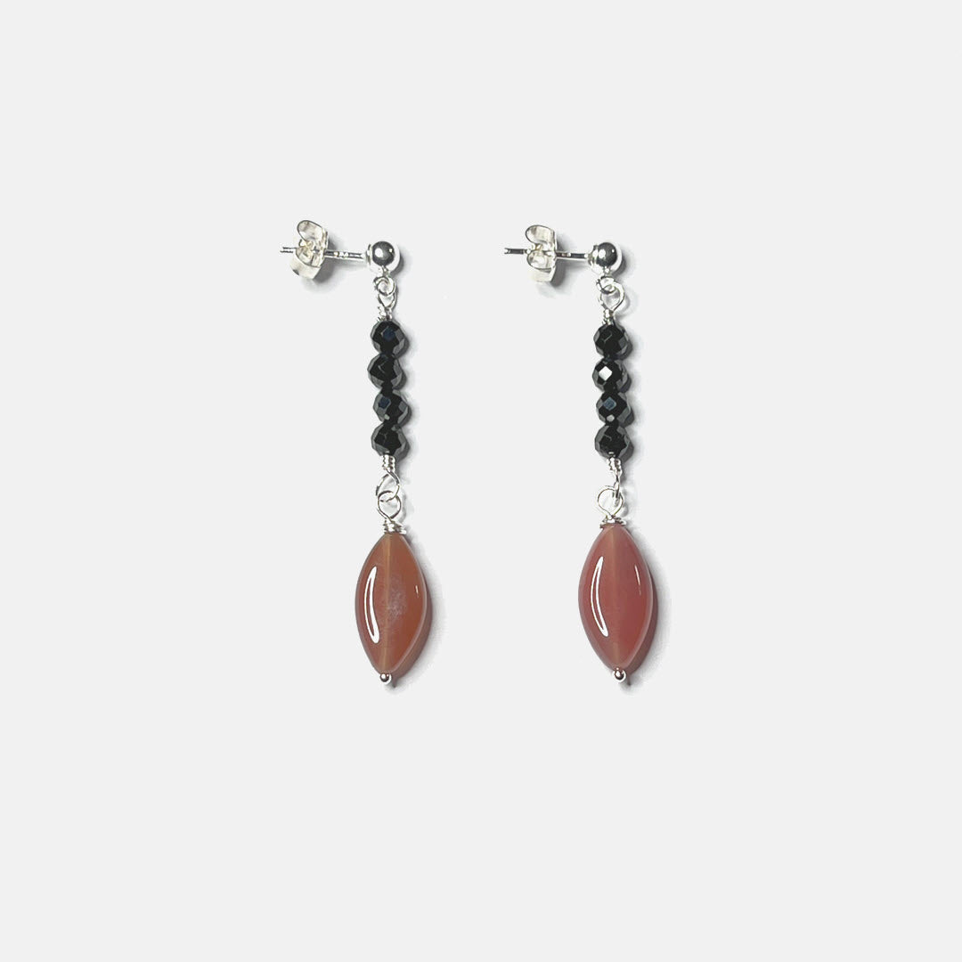 Black Spinel and Botswana Agate Marquise Dangle Earrings on Post, Sterling
