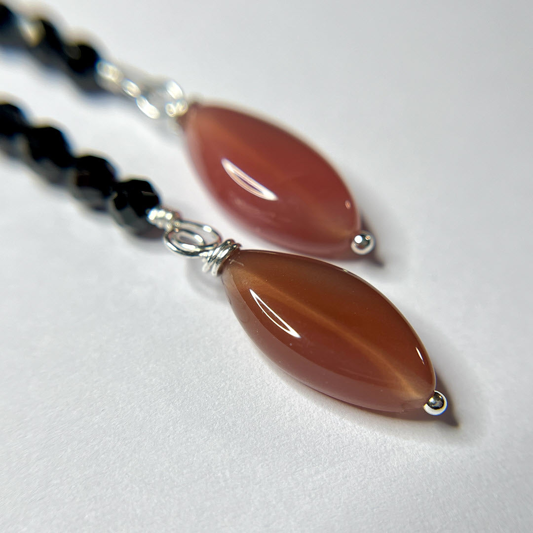 Black Spinel and Botswana Agate Marquise Dangle Earrings on Post, Sterling