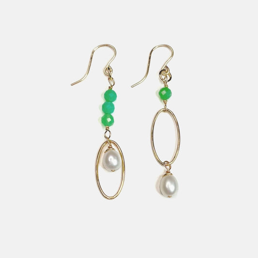 Chrysoprase and Pearl Mismatched Dangle Earrings, 14K Gold Fill