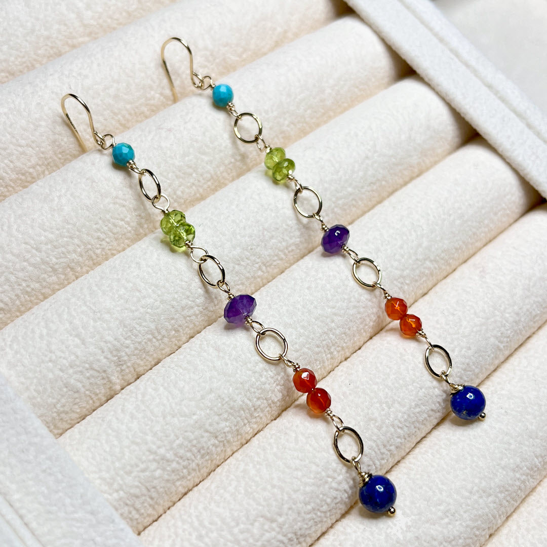 Multicolor Mixed Gemstone Long Party Dangle Earrings, 14K Gold Fill
