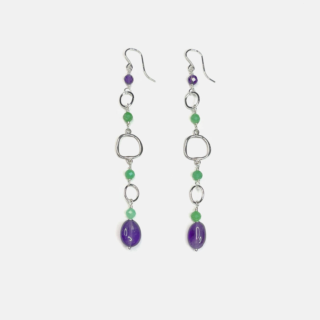 Chrysoprase and Amethyst Long Party Dangles, Sterling