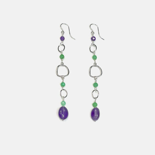 Chrysoprase and Amethyst Long Party Dangles, Sterling