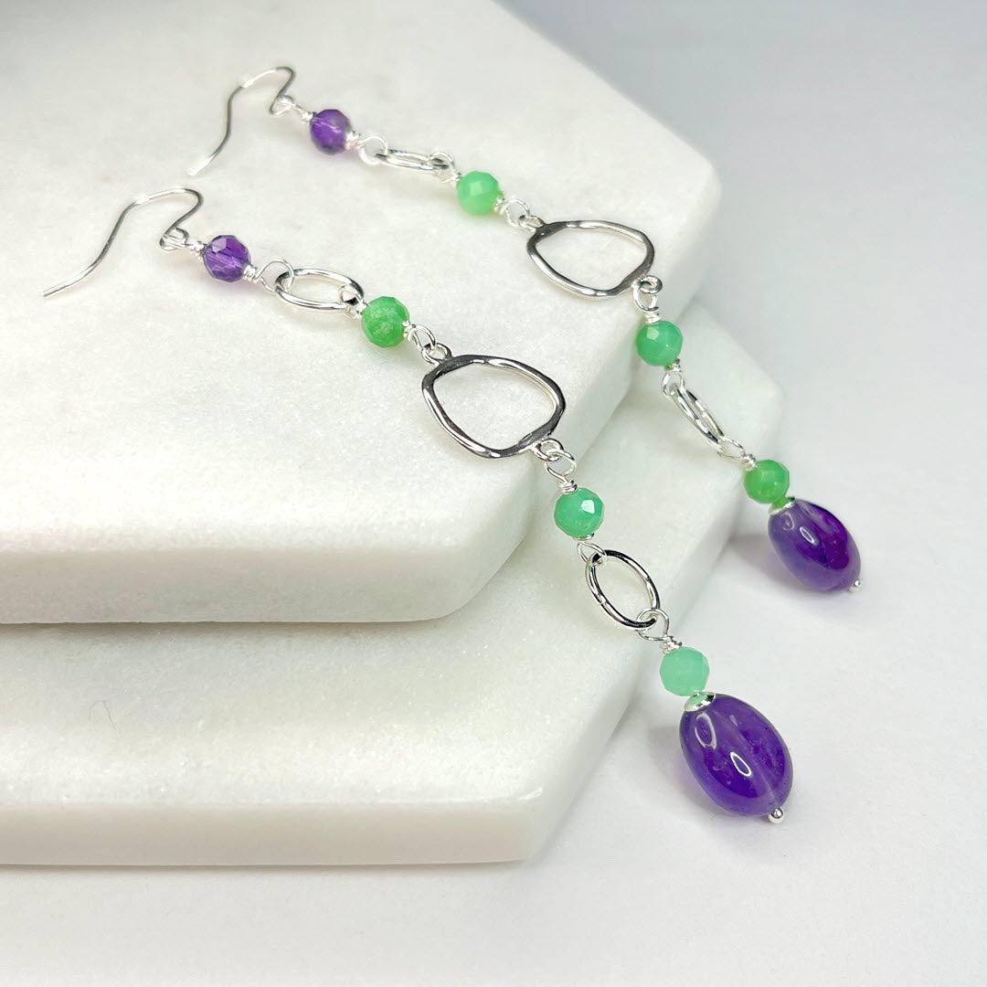 Chrysoprase and Amethyst Long Party Dangles, Sterling