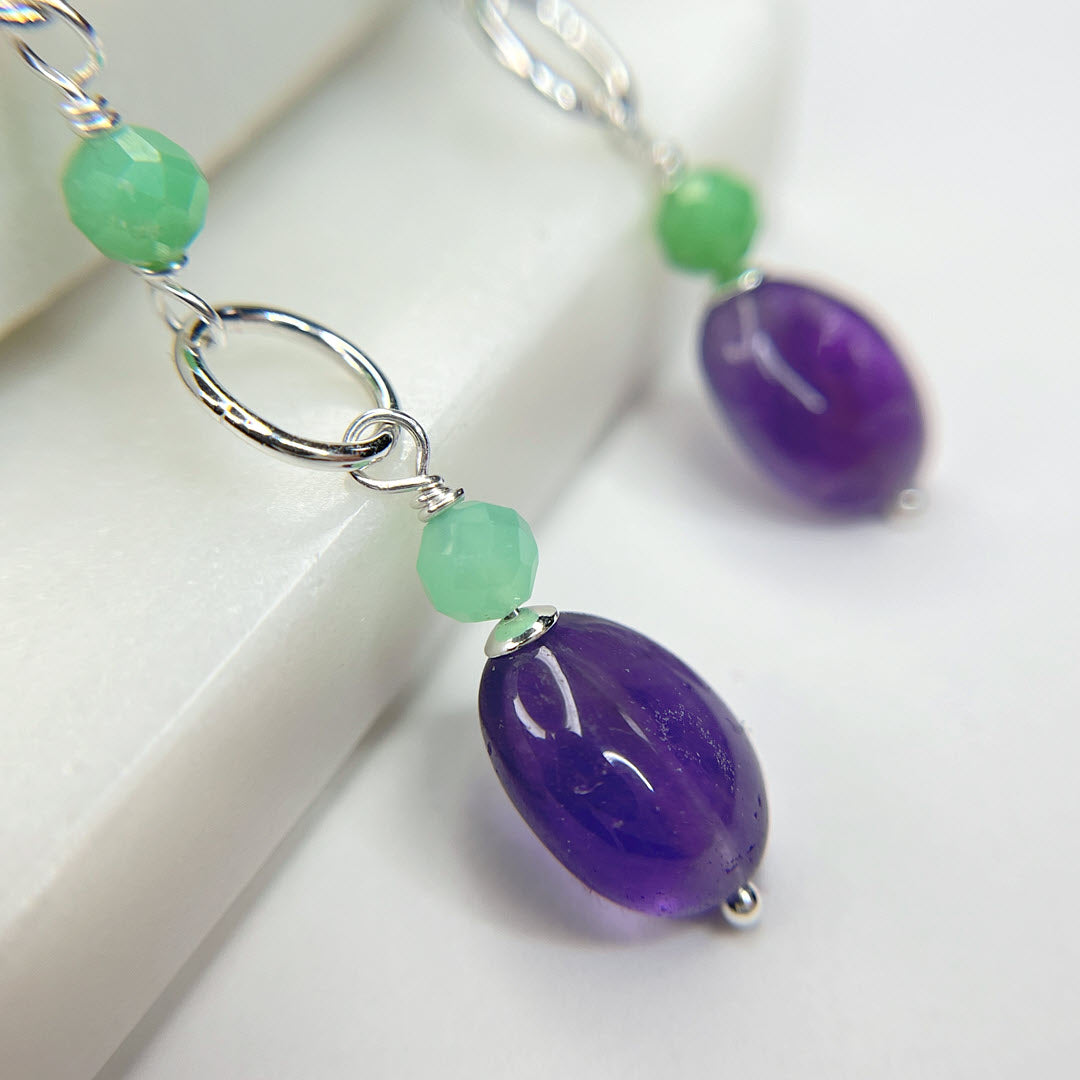 Chrysoprase and Amethyst Long Party Dangles, Sterling