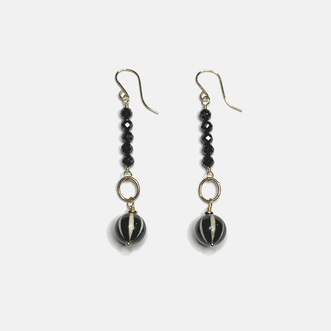 Stacked Black Spinel and Striped Agate Dangle Earrings, 14K Gold Fill