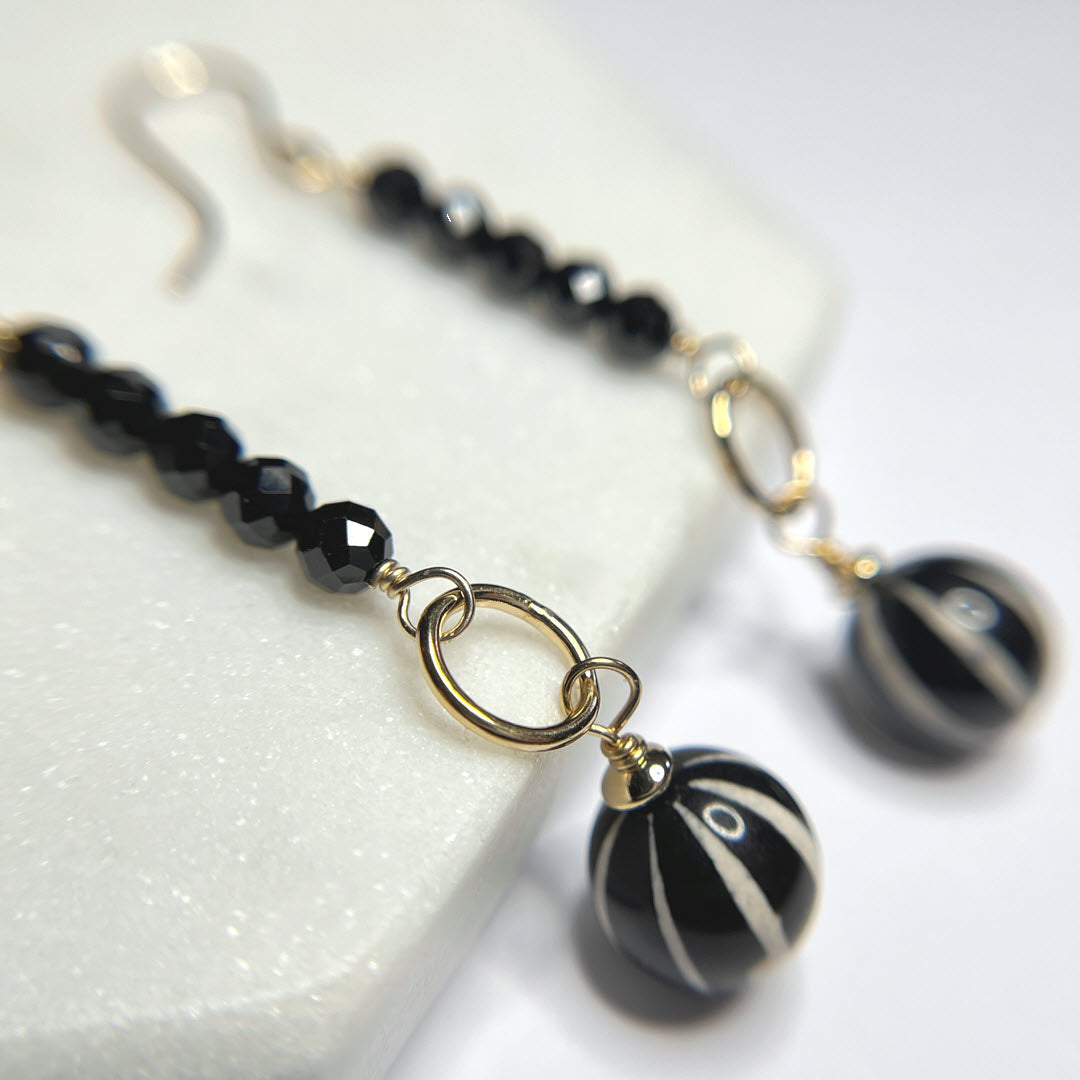 Stacked Black Spinel and Striped Agate Dangle Earrings, 14K Gold Fill