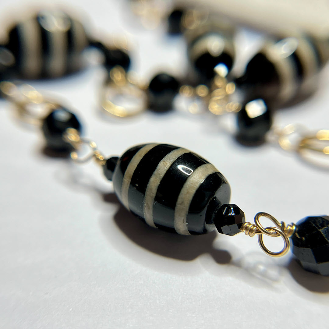 "Dzi" Agate, Black Tourmaline and Black Spinel Link Necklace, 14K Gold Fill