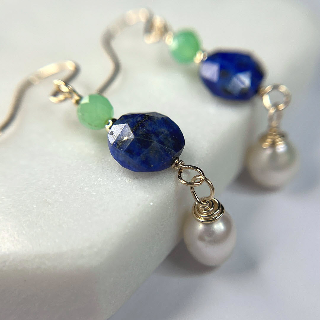 Chrysoprase, Lapis and Pearl Dangle Earrings, 14K Gold Fill