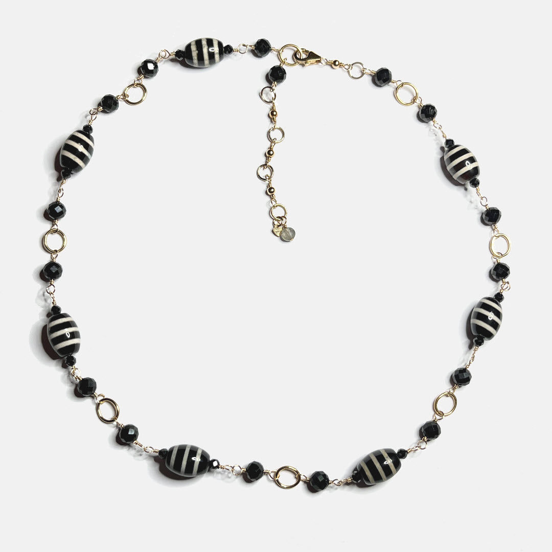 "Dzi" Agate, Black Tourmaline and Black Spinel Link Necklace, 14K Gold Fill