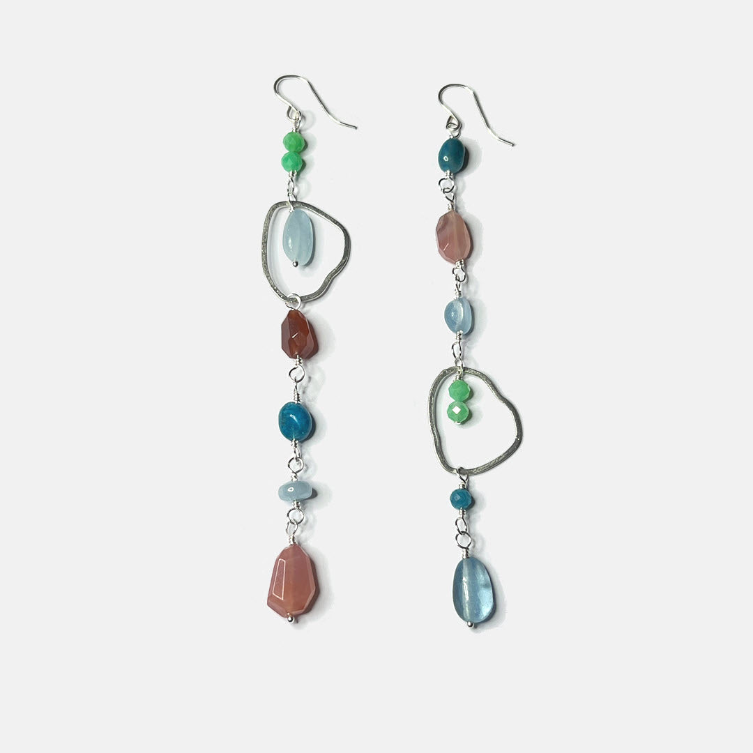 Chrysoprase, Aquamarine, Apatite and Botswana Agate Mismatched Long Party Dangle Earrings, Sterling