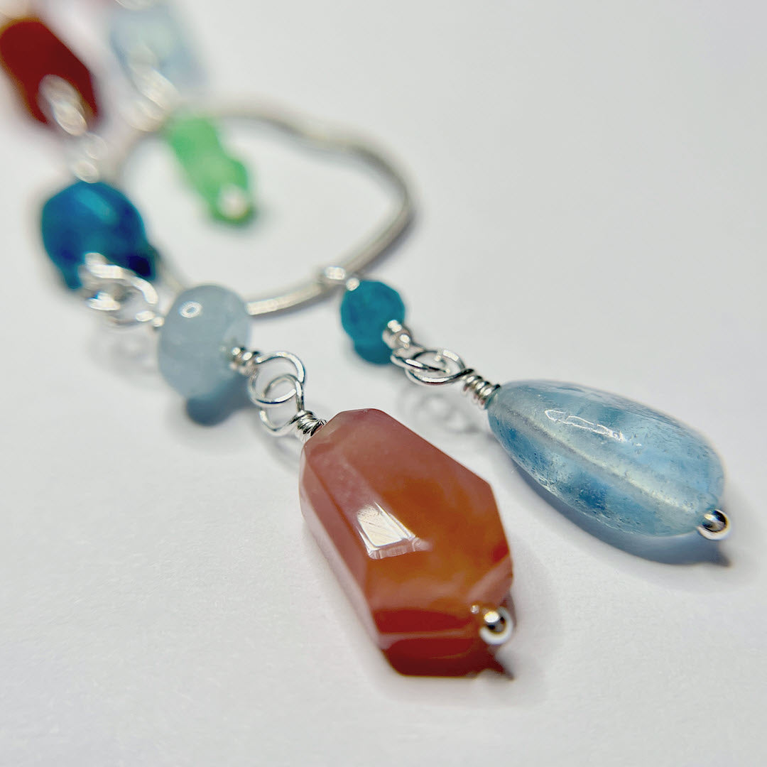 Chrysoprase, Aquamarine, Apatite and Botswana Agate Mismatched Long Party Dangle Earrings, Sterling