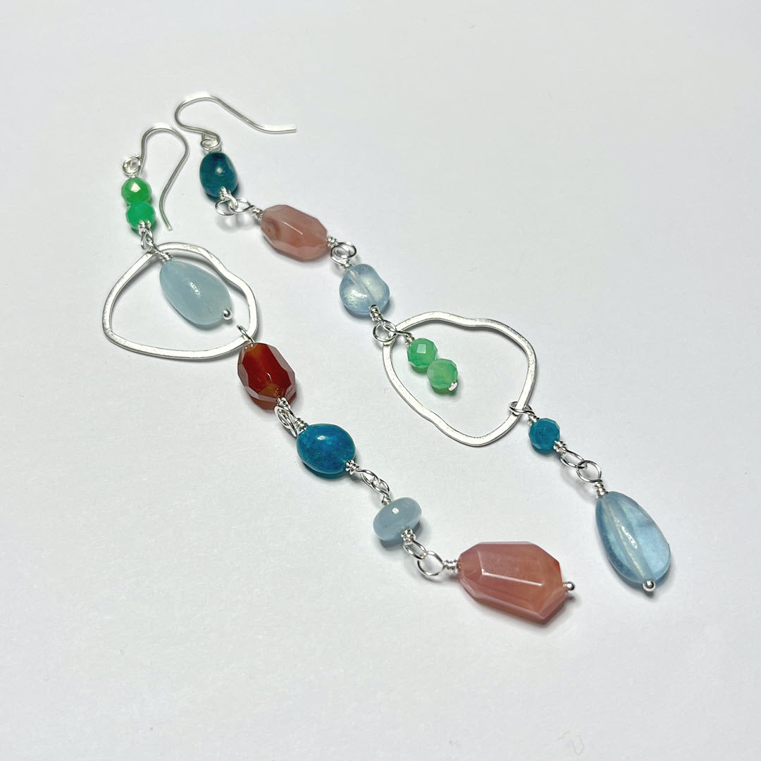 Chrysoprase, Aquamarine, Apatite and Botswana Agate Mismatched Long Party Dangle Earrings, Sterling