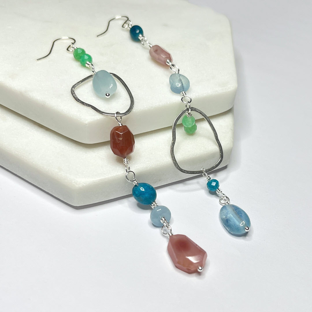 Chrysoprase, Aquamarine, Apatite and Botswana Agate Mismatched Long Party Dangle Earrings, Sterling