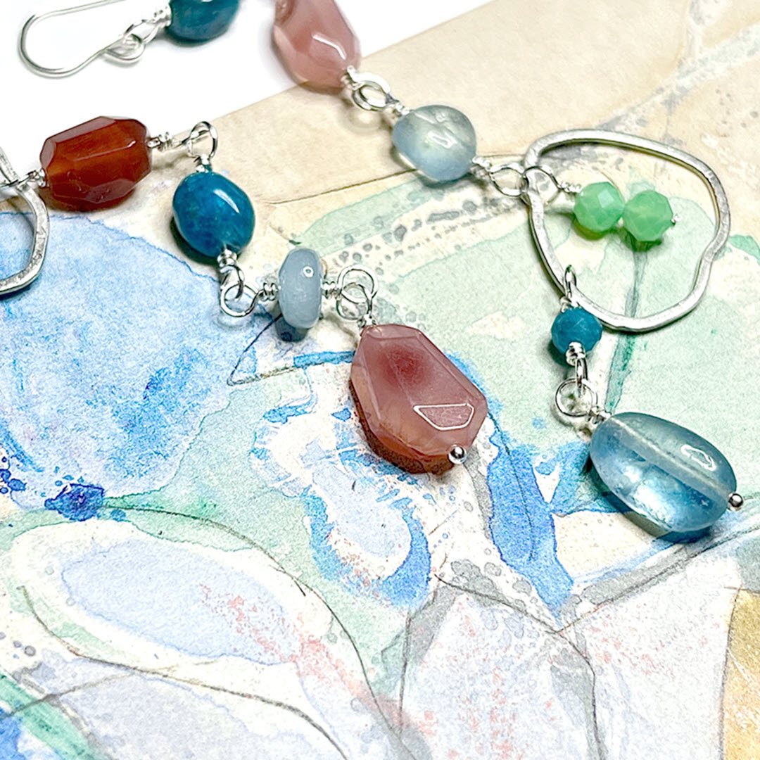 Chrysoprase, Aquamarine, Apatite and Botswana Agate Mismatched Long Party Dangle Earrings, Sterling