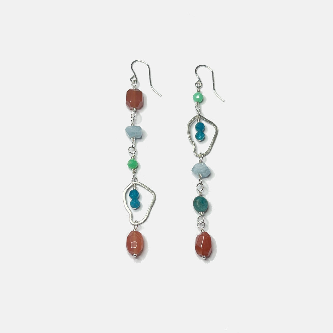 Chrysoprase, Aquamarine, Apatite and Botswana Agate Mismatched Dangle Earrings, Sterling