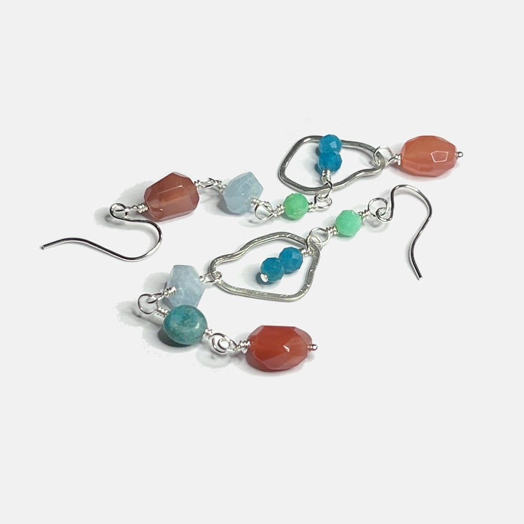 Chrysoprase, Aquamarine, Apatite and Botswana Agate Mismatched Dangle Earrings, Sterling