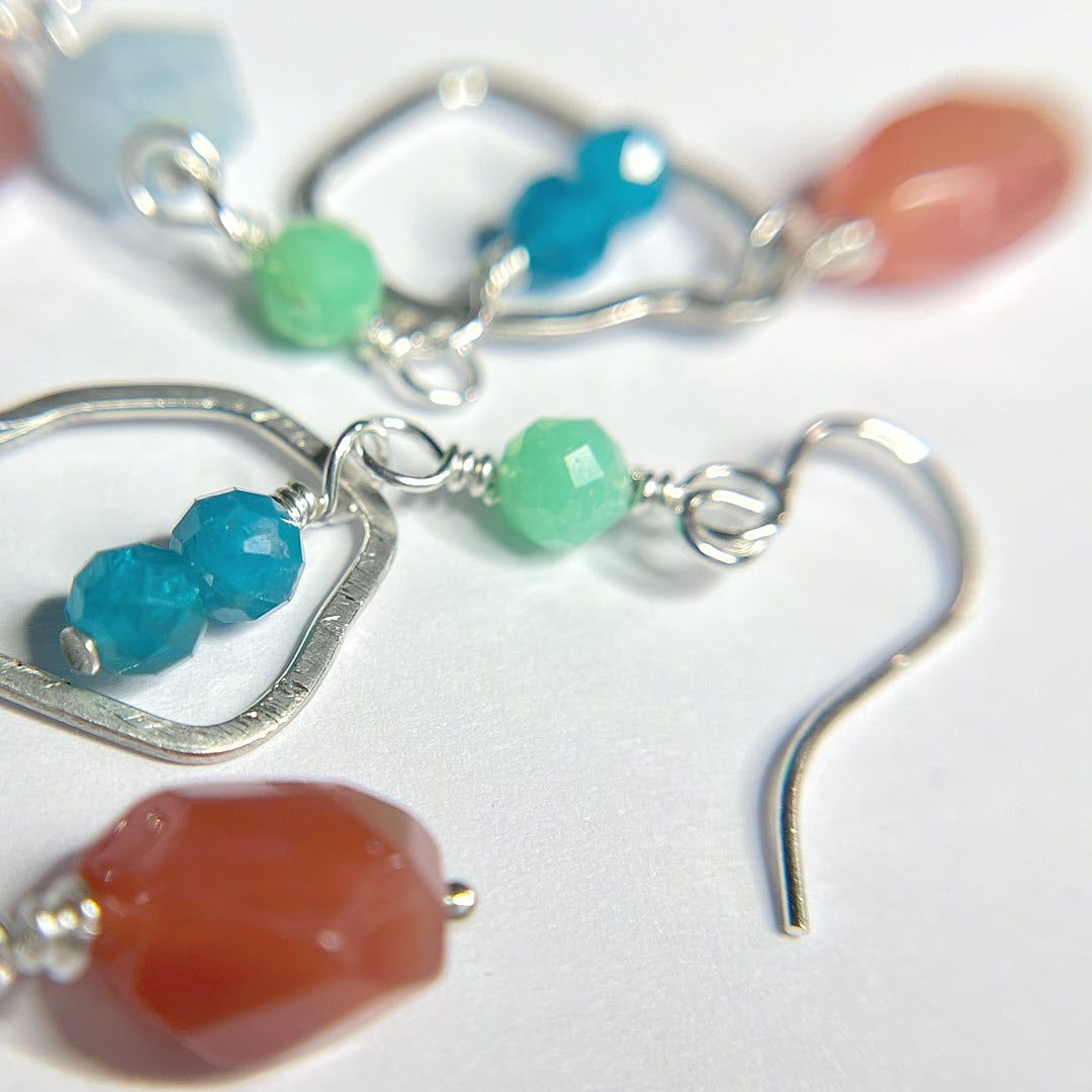 Chrysoprase, Aquamarine, Apatite and Botswana Agate Mismatched Dangle Earrings, Sterling