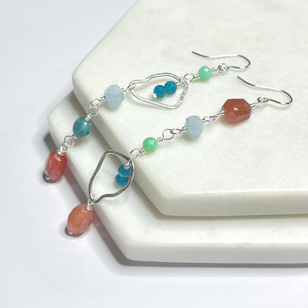 Chrysoprase, Aquamarine, Apatite and Botswana Agate Mismatched Dangle Earrings, Sterling