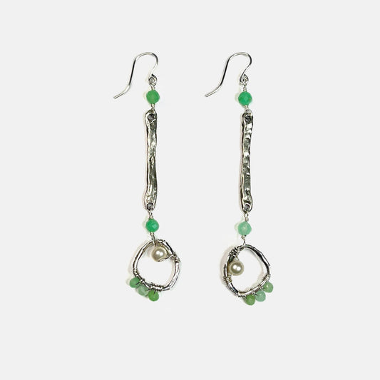 Chrysoprase Stick and Circle Long Party Dangles, Sterling