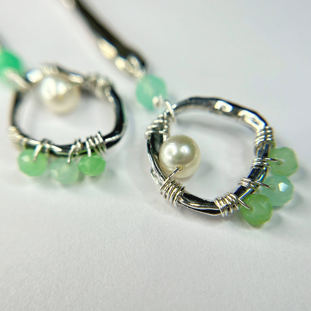 Chrysoprase Stick and Circle Long Party Dangles, Sterling