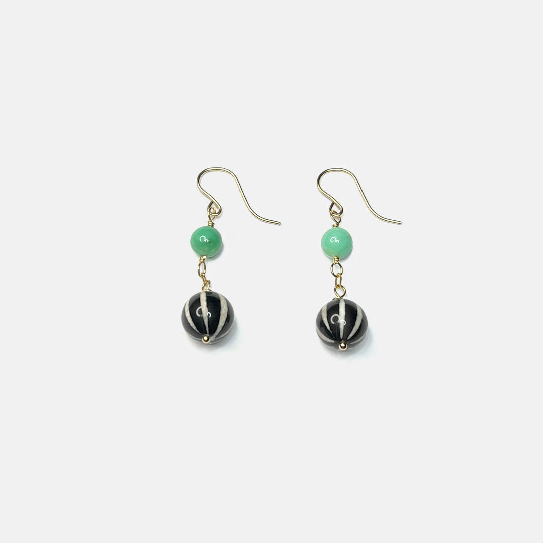 Chrysoprase and Striped "Dzi" Agate Dangle Earrings, 14K Gold Fill