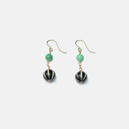 Chrysoprase and Striped "Dzi" Agate Dangle Earrings, 14K Gold Fill