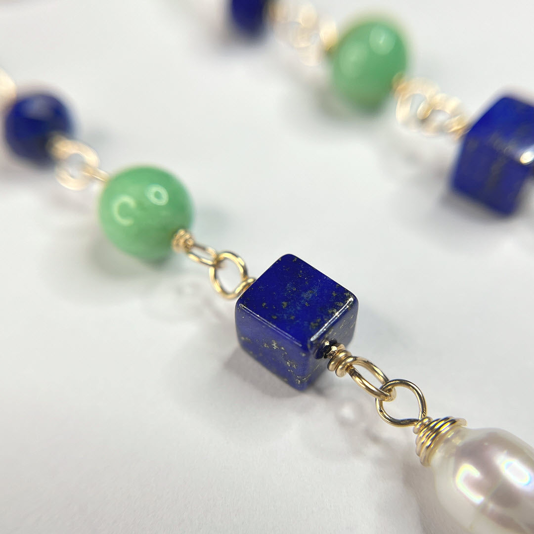 Chrysoprase, Lapis and Pearl Mixed Shape Long Dangle Earring, 14K Gold Fill