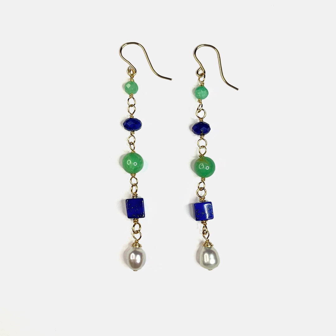 Chrysoprase, Lapis and Pearl Mixed Shape Long Dangle Earring, 14K Gold Fill
