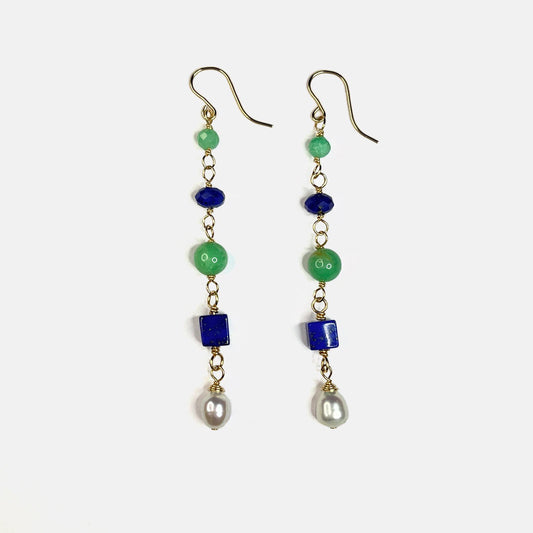 Chrysoprase, Lapis and Pearl Mixed Shape Long Dangle Earring, 14K Gold Fill