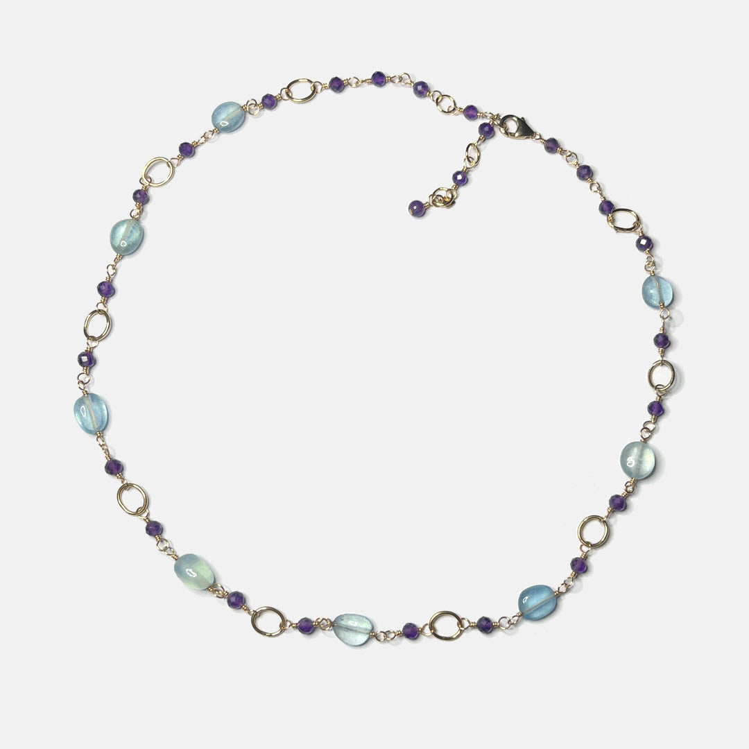 Aquamarine and Amethyst Necklace With Links, 14K Gold Fill