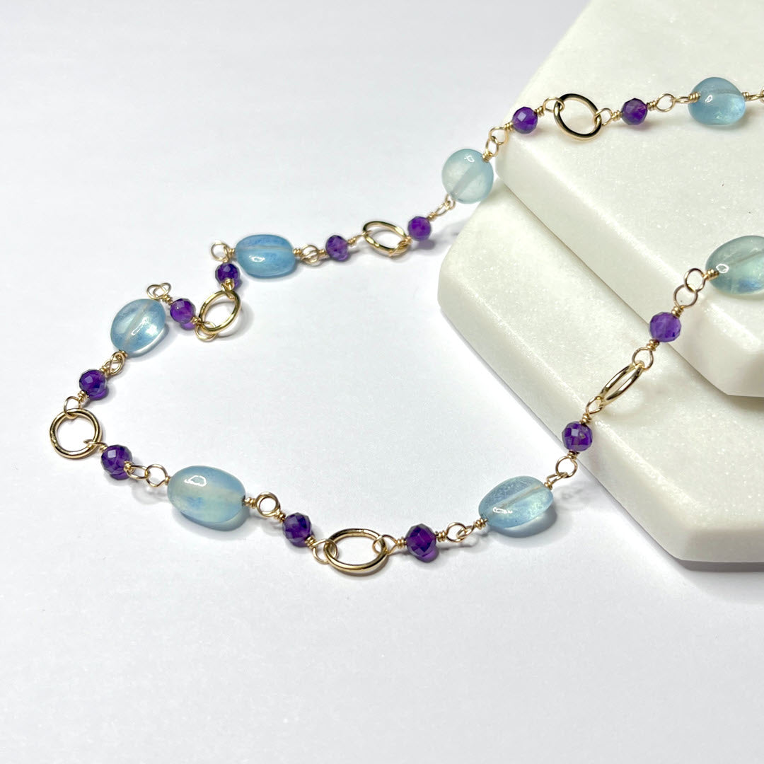 Aquamarine and Amethyst Necklace With Links, 14K Gold Fill