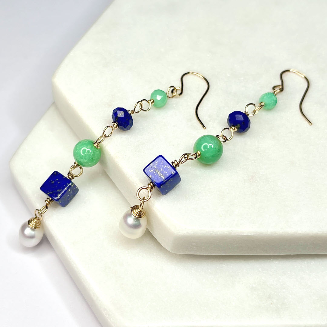 Chrysoprase, Lapis and Pearl Mixed Shape Long Dangle Earring, 14K Gold Fill