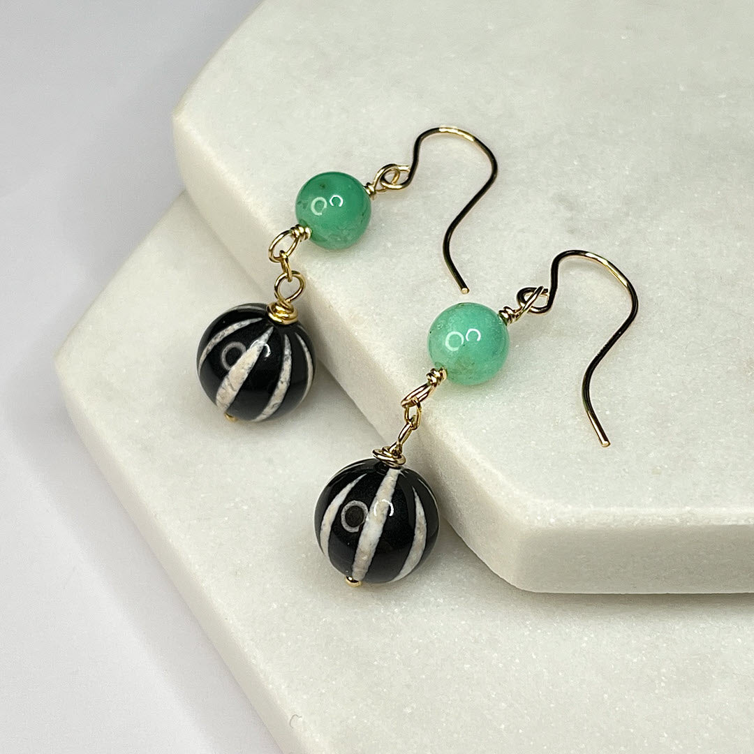 Chrysoprase and Striped "Dzi" Agate Dangle Earrings, 14K Gold Fill